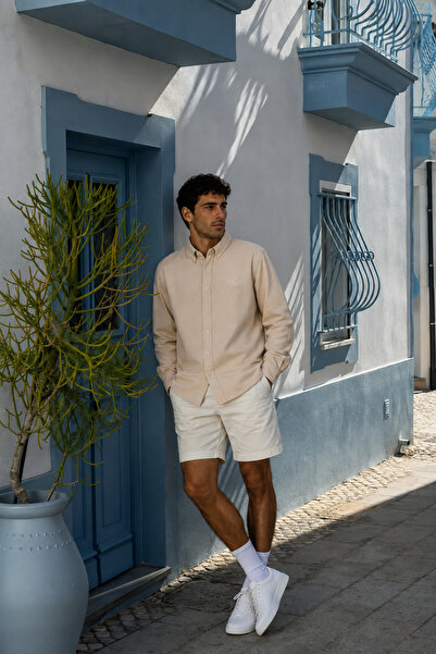 Respire Men's Minimal Printed Oversize Textured Shirt Beige