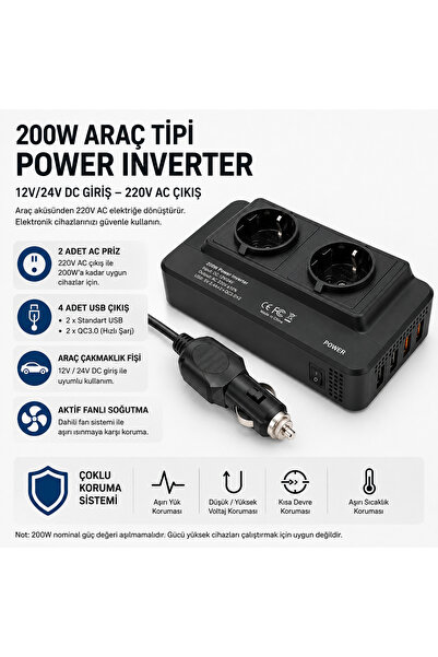 SMAYLİNG 200W Araç Power Inverter 12V/24V - 220V Dönüştürücü 2 Priz 4 USB 2 Q...