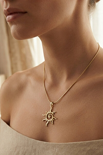 Rua Jewelry Steel Solaria Women's Gold Sun Figured Spiral Zircon Stone Neckla...
