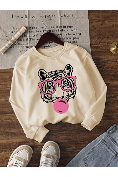 uyguntarz Unisex Tiger Eye Printed Crew Neck Sweatshirt
