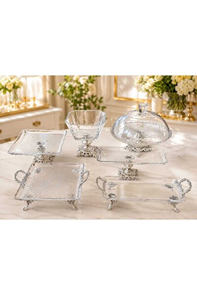 Buldem 6-Piece Luxury Glass Presentation Set with Silver Feet - Cake, Serving...