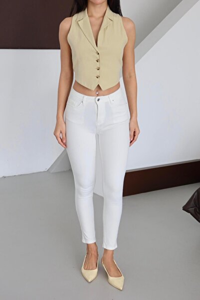 Clothes Fast Pantaloni de damă, albi, cu talie înaltă, skinny, cu picior îngu...