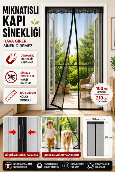 Hane Dostu Mıknatıslı Kapı Sinekliği Siyah 100x210 cm Otomatik Kapanan Manyet...