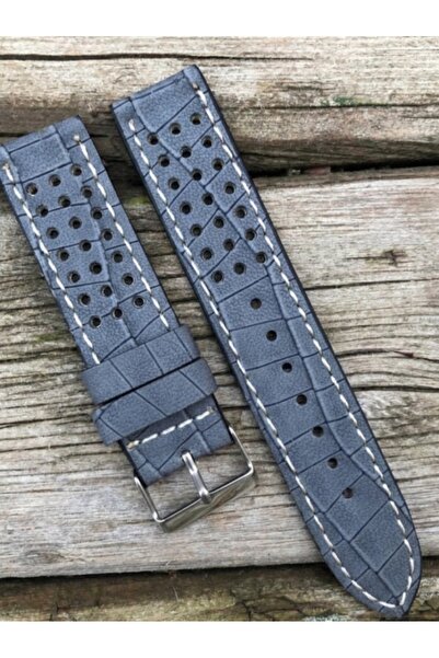 PRM 22 mm Gri suni deri delikli model saat kordonu