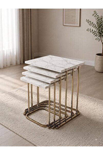 ERYALUX HOME 4'LÜ RÜYA ZİGON SEHPA (GOLD-CARARA)