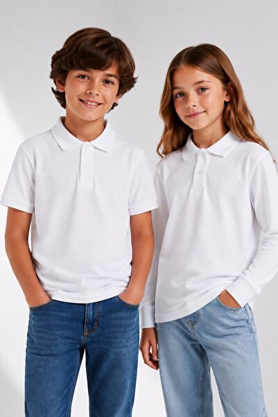 The Clover Girls & Boys Unisex White 100% Cotton Polo Collar Long and Short S...