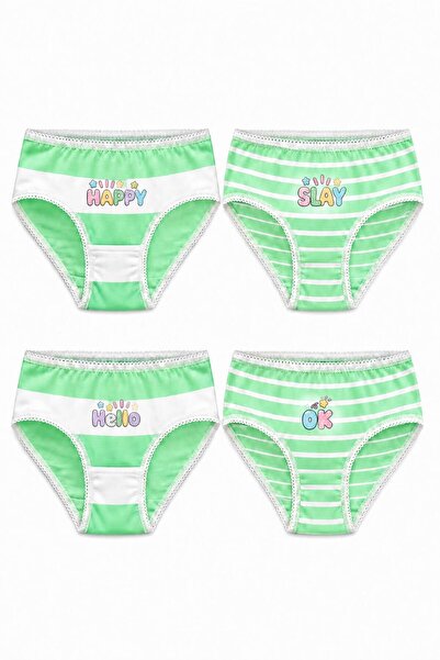 FUL Girl's Panties Set 4-Pack Cotton Green Ecru Striped Happy Hello Slay Arro...