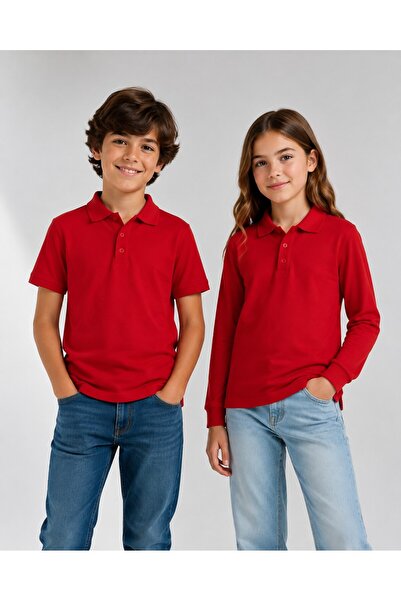 The Clover Girls & Boys Unisex Red 100% Cotton Polo Collar Long & Short Sleev...