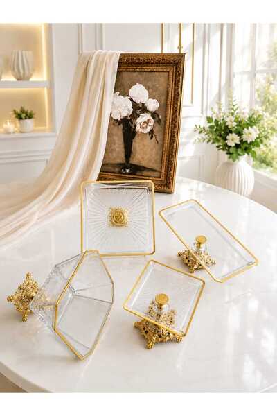 Buldem 4-Piece Gold Detailed Glass Serving Set, Luxurious Footed Serving Plat...