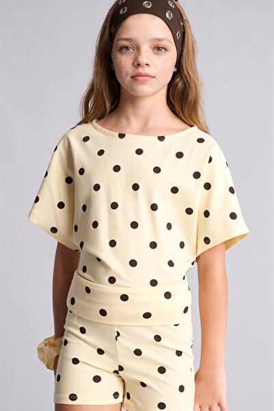 DeFacto Regular Fit Crew Neck Drop Shoulder Polka Dot Waist Belted Short Slee...
