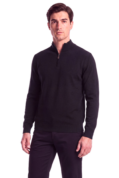PAUL&SHARK Men's Regular Fit Stand Collar Zippered Long Sleeve Black Sweater