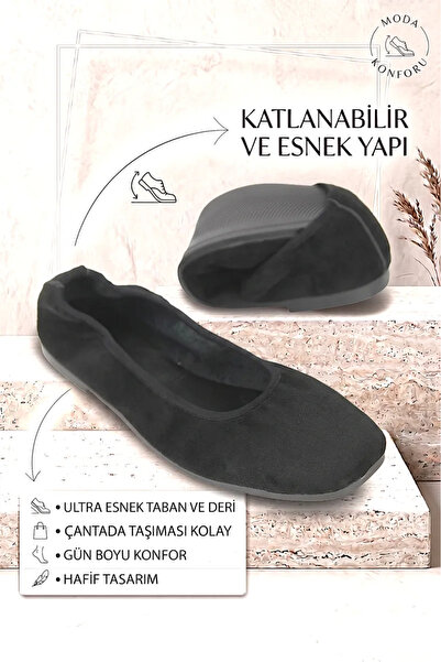 Gökhan Talay Uliana Women's Square Toe Flexible Sole Foldable Black Suede Bal...