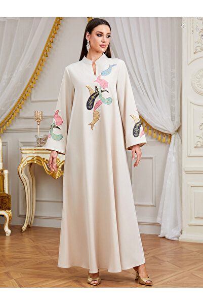 Take Two By Styli Beige with Colorful Embroidery A-Line Maxi Jalabiya