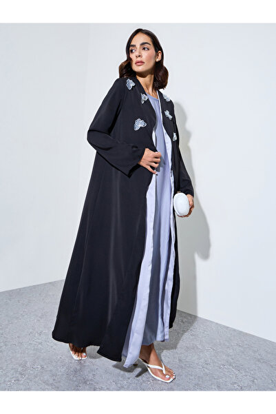 Amirah By Styli Black Butterfly Embroidered Open Front Abaya