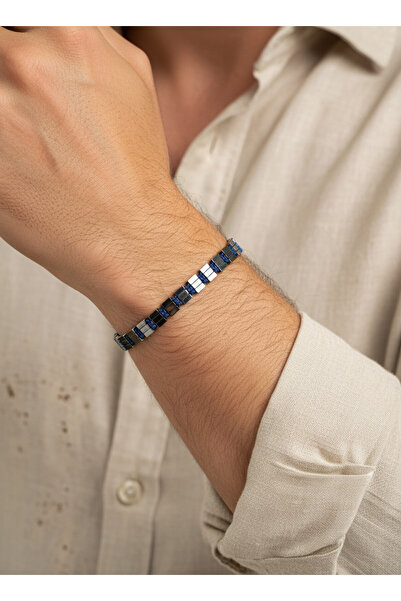 Valmont Men's Navy Blue Hematite Look Geometric Premium Bracelet