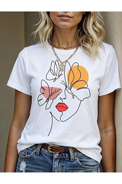 Generic Brand Butterflies & Abstract Face Line Art,back to school,short sleev...