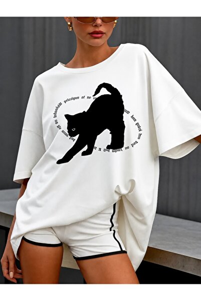 Generic Brand Black Cat Silhouette With Inverted Text,women's t-shirt,casual ...