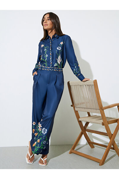 Styli Navy Blue Floral Print Wide Leg Trousers