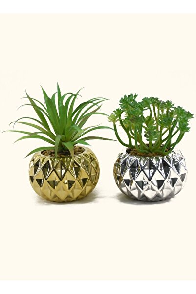 DRAMA HOME Two pieces of artificial plant with gold/silver ceramic pot