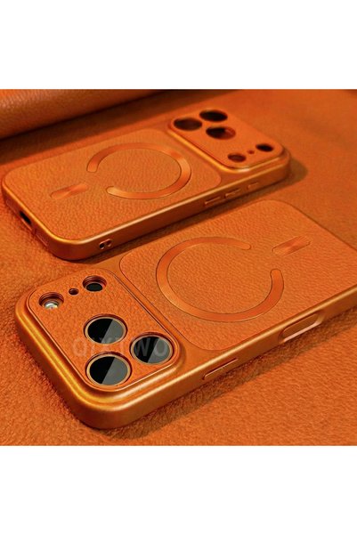 Choice54 iPhone17 Pro Max Orange Luxury Magnetic Faux Leather Wireless Chargi...