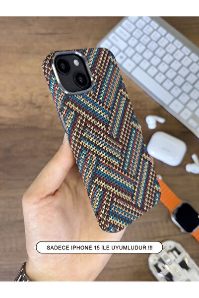 SC Soo Case iPhone 15 Kılıf Etnik Desenli Örgü Görünümlü Magsafe Uyumlu Premi...