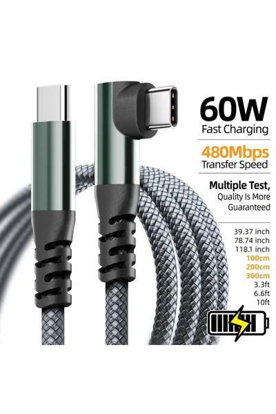 Choice5 1m3.3FT 1PC Gery 60W PD USB C Fast Charging Cable 1M 2M 3M 10FT Data ...