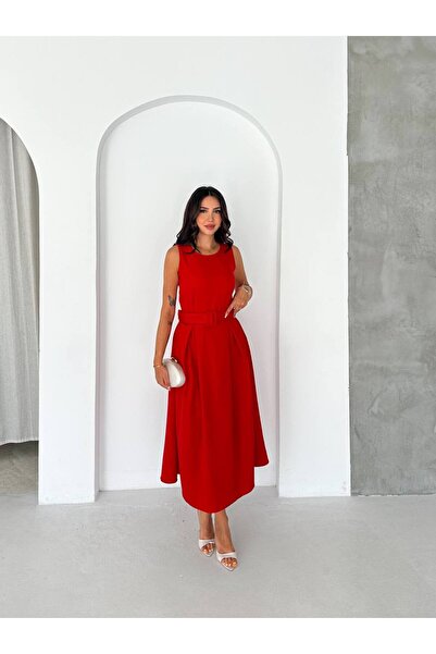 BE CHİC Women's Red Belted Sleeveless Midi Length Flared Dress Kk1000