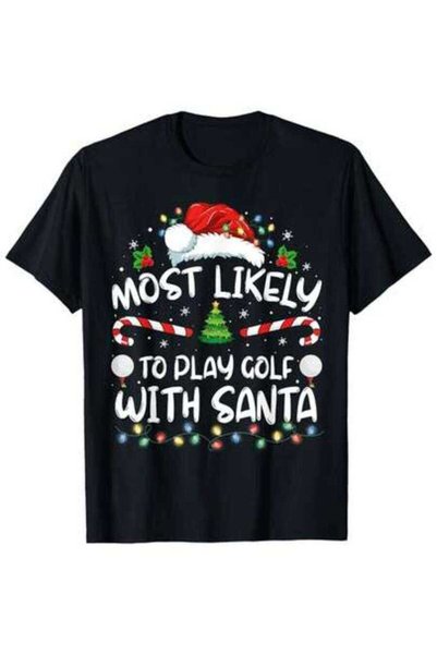 23ERVA Funny Christmas T Shirt Most Likely To Play Golf With Santa Design Cot...