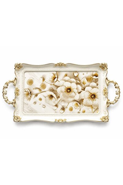Arsimo Dekoratif Tepsi 50x26 cm - Gold Detaylı Çiçek Desenli Kulplu Sunum Tep...
