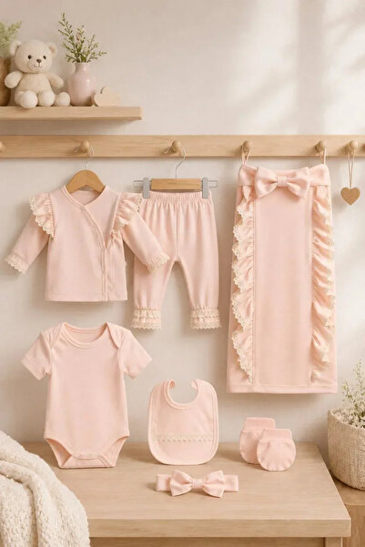 Tuğra Bebe Cotton Bow and Lace 7 Piece Newborn Girl Set