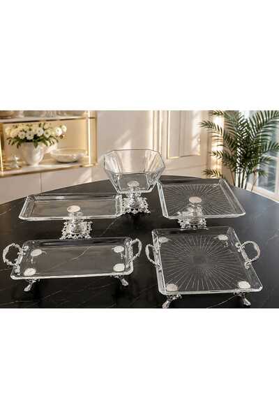 Buldem Silver Footed Detailed Glass Presentation Set – Stylish Serving Tray, ...