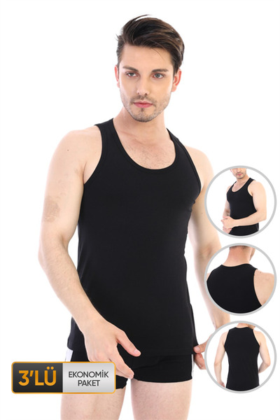 Çift Kaplan Men's Elastane Black Undershirt 0917 Economical Pack of 3