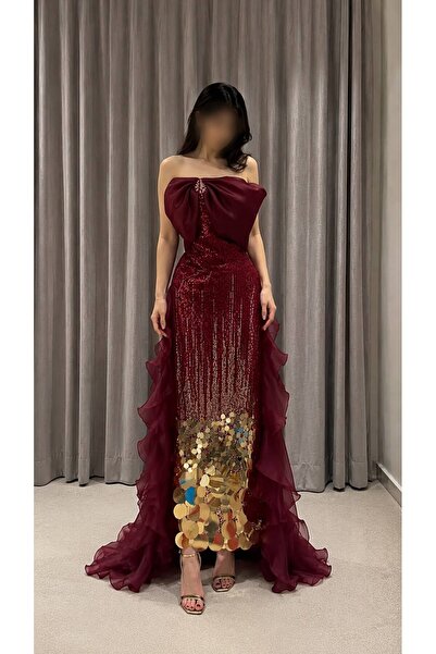 ELORA FASHION فستان سهرة بورغندي فاخر مزين بالترتر الذهبي