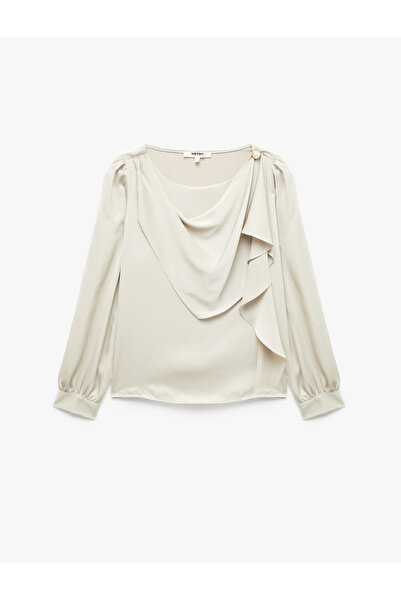 Koton Flowy Draped Shawl Collar Long Sleeve Satin Blouse with Metal Accessories