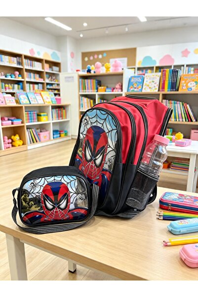 KIZIL GECE Boys' Spider Patterned 3-Pocket Backpack and Lunchbox Set