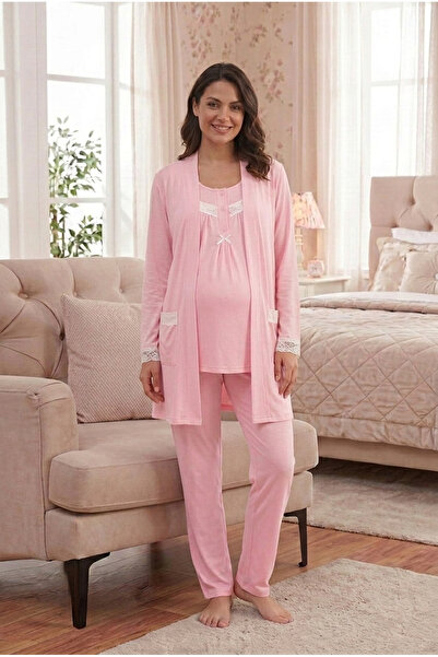 JENİKA Women's Pink Lace and Button Detailed Maternity 3-Piece Pajama Set wit...