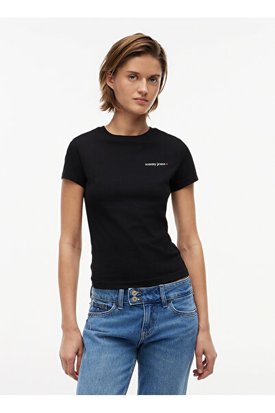 Tommy Jeans Siyah Kadın Bisilet Yaka Baskılı T-Shirt DW0DW23479BDS