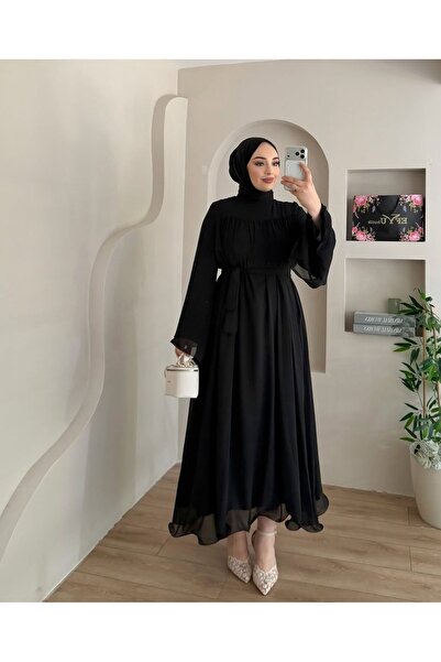 THEK BUTİK Waist-Tied Spanish Sleeve Hijab Chiffon Dress