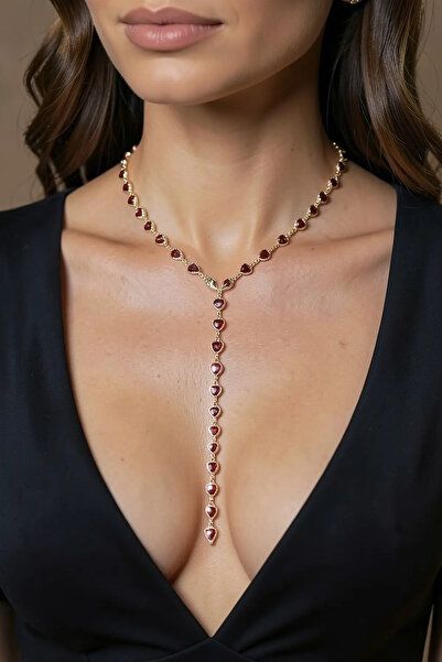 PRVT Gold Color Heart Figured Steel Y Necklace