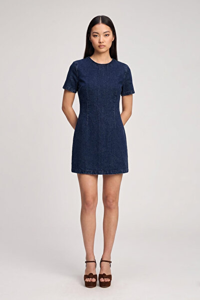 blue white Women's Short Sleeve 100% Cotton Navy Blue Jean Dress