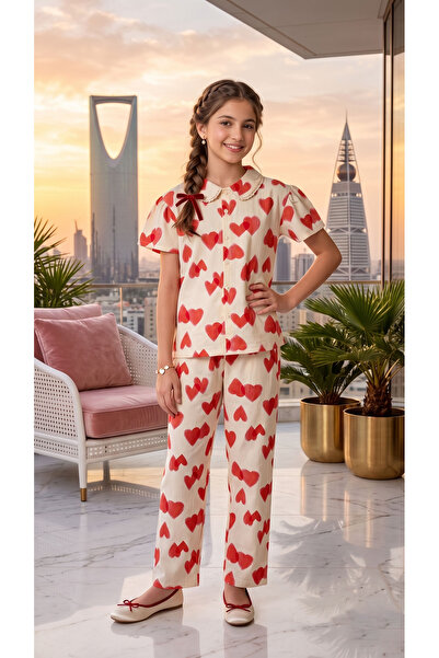 h.kids Girl's Two-Piece Set (Pyjama) with Red Hearts Pattern