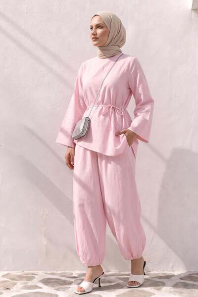 Salih Çelebi Asymmetric Voile Suit Y0161 - Pink