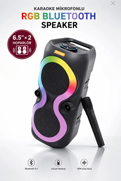 KALİTESENİNLE Mikrofonlu RGB Bluetooth Speaker 6.5" x 2 40W Bluetooth 5.4 Taş...