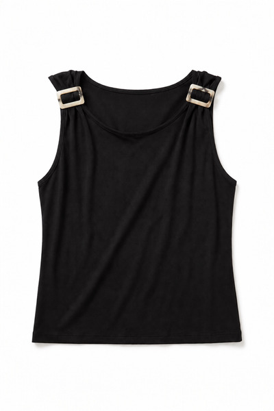FEG STORE Women's Black Shoulder Buckle Sleeveless Athlete Blouse