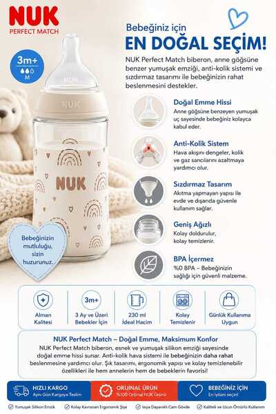 Nuk Perfect Match 230 ml Cam Biberon 3M+ – M Akış