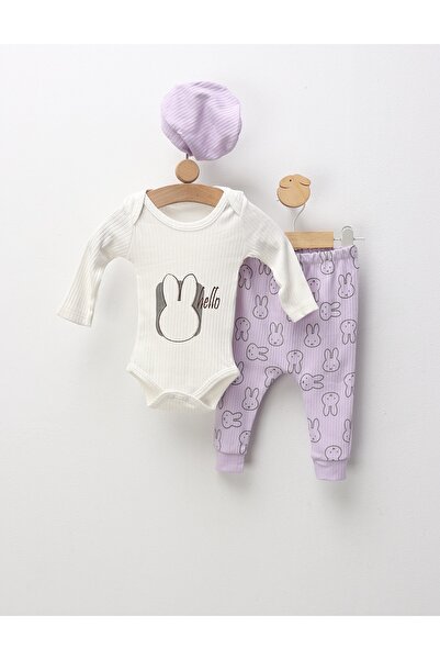 MiniKids Costumas 3 piese Hello Rabbit, alb-mov