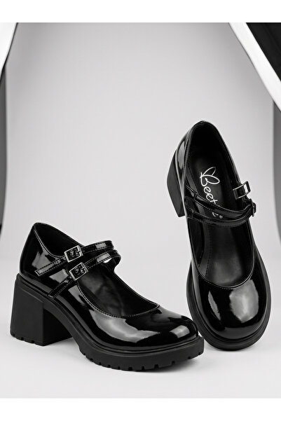 Fi-MA's Beety Black Patent Leather Double Strap Platform Mary Jane Shoes
