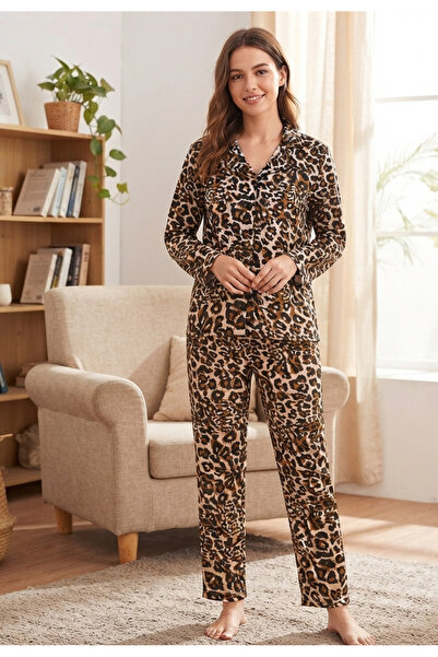 Chordi Women's Leopard Patterned Front Buttoned Shirt Collar 100% Cotton Mila...