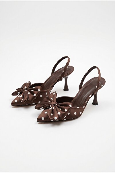 Kadın Puantiye Desenli Fiyonk Detaylı İnce Topuklu Slingback Stiletto Acı Kahve