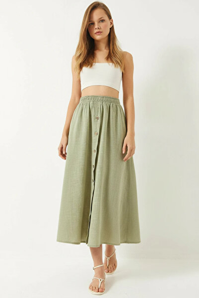 Efnaz style Women's Button Detailed Elastic Waist Short Lined Linen Mint Gree...